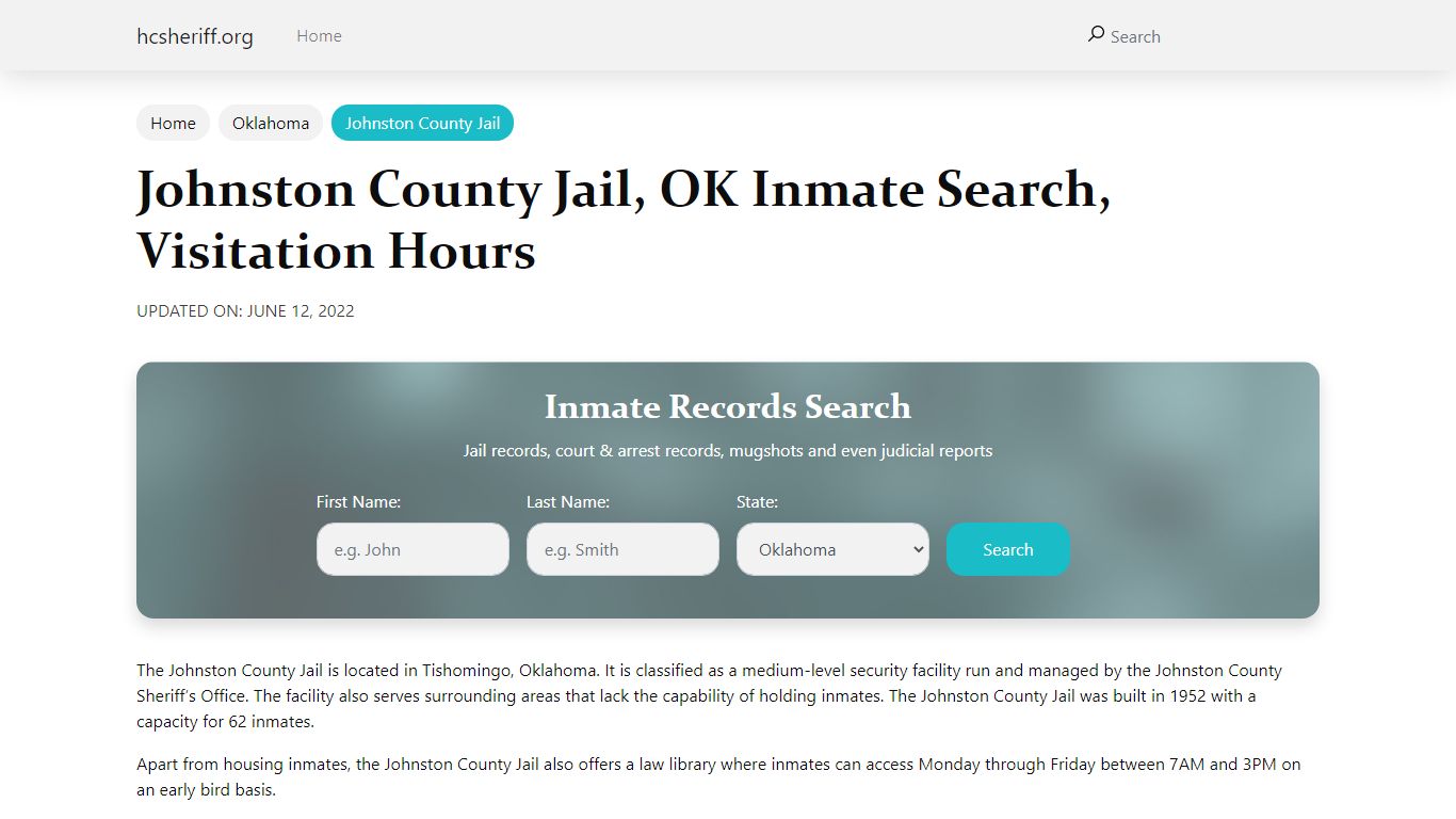 Johnston County Jail, OK Inmate Search, Visitation Hours